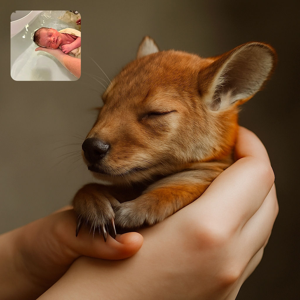 A peaceful newborn is gently cradled in a hand while taking a bath, with water softly rippling around and a calm, tender atmosphere filling the scene.