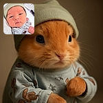 A peaceful baby bundled up in a cozy hat and patterned pajamas, staring curiously into the camera with sleepy eyes, surrounded by soft blankets and a calm atmosphere.