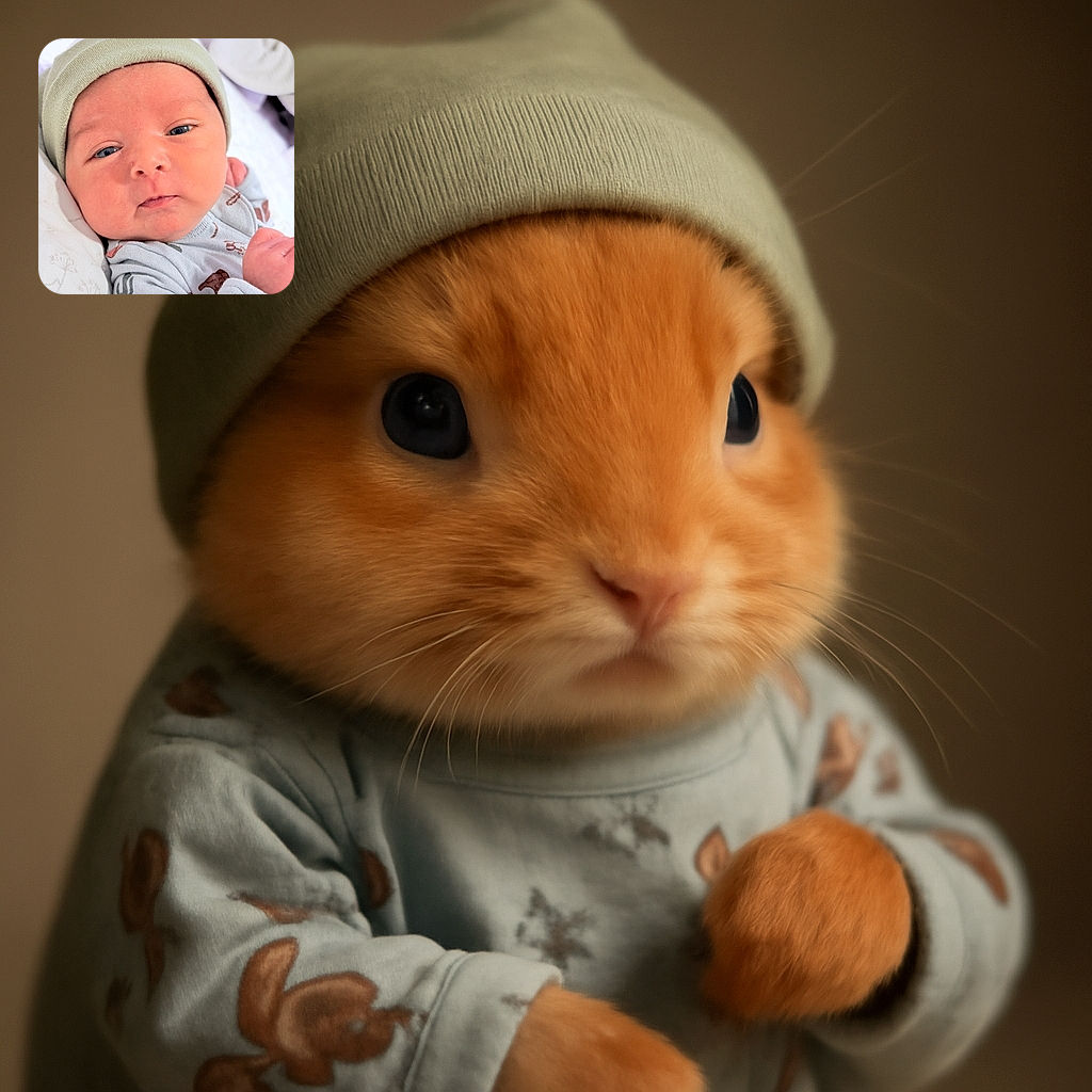 A peaceful baby bundled up in a cozy hat and patterned pajamas, staring curiously into the camera with sleepy eyes, surrounded by soft blankets and a calm atmosphere.