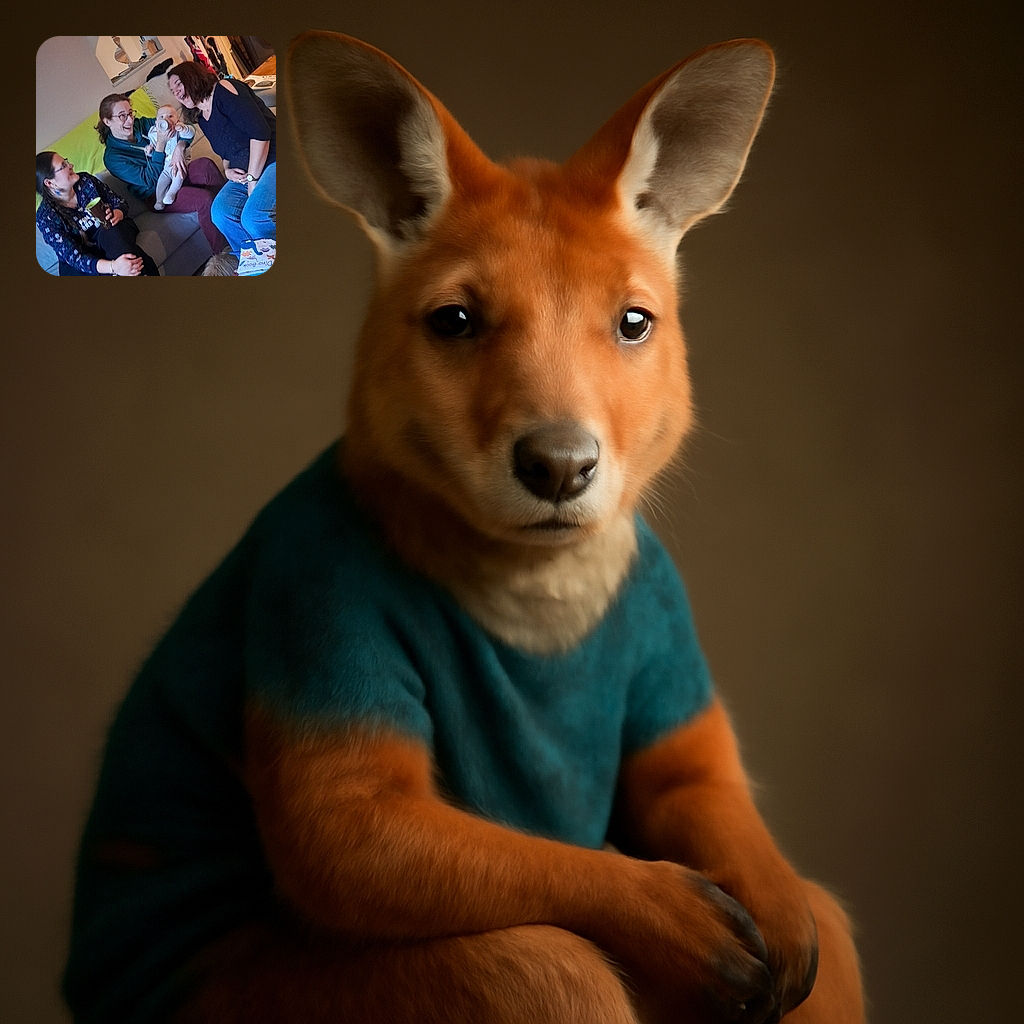 Three adults and a baby are sharing a cozy, joyful moment on a couch in a warmly lit living room. The baby, held by one of the adults, is drinking from a bottle while everyone smiles and laughs. A dog is partially visible near the coffee table, which is cluttered with children's books and other items, adding to the casual, homely atmosphere.