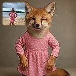 A cheerful young girl in a pink floral dress stands confidently on a sandy beach with her hands on her hips, smiling brightly under a moody, cloudy sky with green hills and calm water in the background.