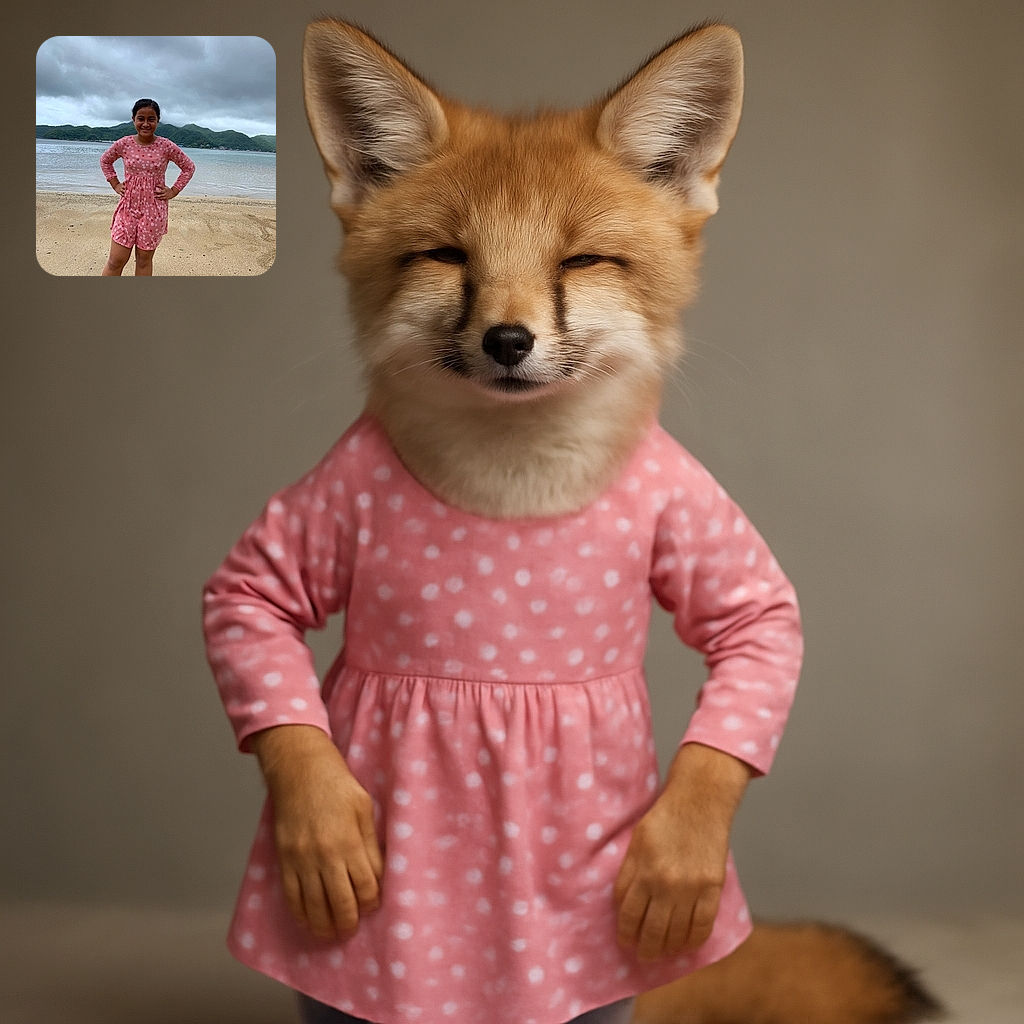 A cheerful young girl in a pink floral dress stands confidently on a sandy beach with her hands on her hips, smiling brightly under a moody, cloudy sky with green hills and calm water in the background.