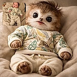 A cute baby lying on a cozy beige blanket, dressed in a leafy patterned sweater and cream pants, with a playful giraffe toy next to them. The baby looks curious and happy, with a tuft of hair standing up like a tiny mohawk, surrounded by soft textures and warm tones.