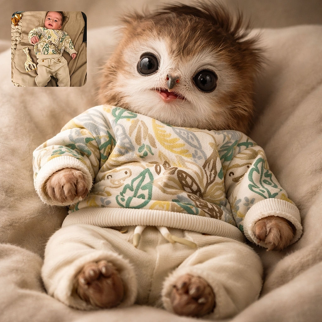 A cute baby lying on a cozy beige blanket, dressed in a leafy patterned sweater and cream pants, with a playful giraffe toy next to them. The baby looks curious and happy, with a tuft of hair standing up like a tiny mohawk, surrounded by soft textures and warm tones.