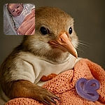 A calm baby wrapped in a cozy pink knit blanket lies on a patterned cushion, gazing curiously at the camera with big, bright eyes. A purple pacifier rests nearby, adding a touch of comfort to this peaceful moment.