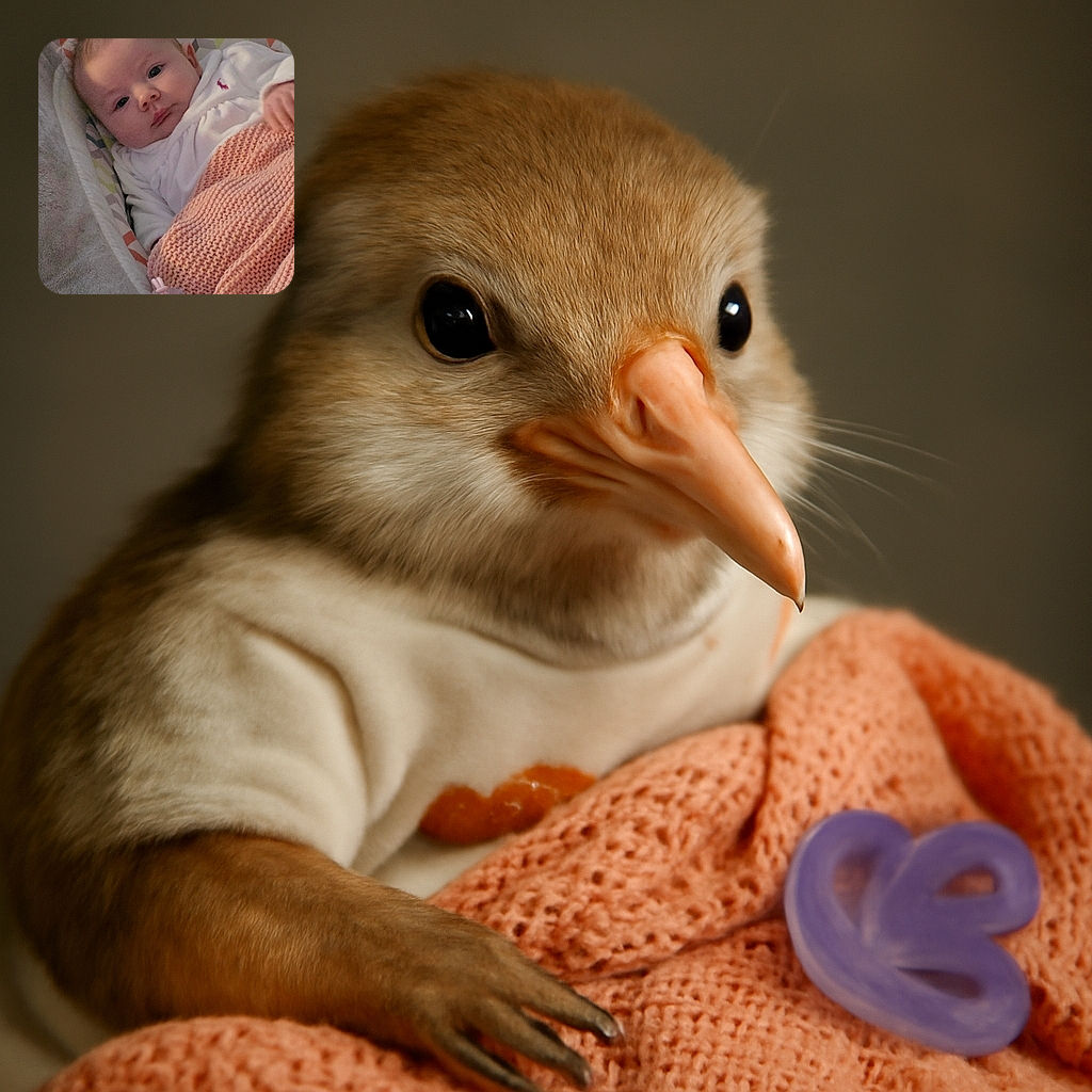 A calm baby wrapped in a cozy pink knit blanket lies on a patterned cushion, gazing curiously at the camera with big, bright eyes. A purple pacifier rests nearby, adding a touch of comfort to this peaceful moment.