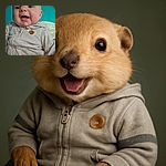 A close-up of a happy baby smiling widely with bright eyes, wearing a cozy beige hoodie with a small embroidered design, set against a plain teal background.