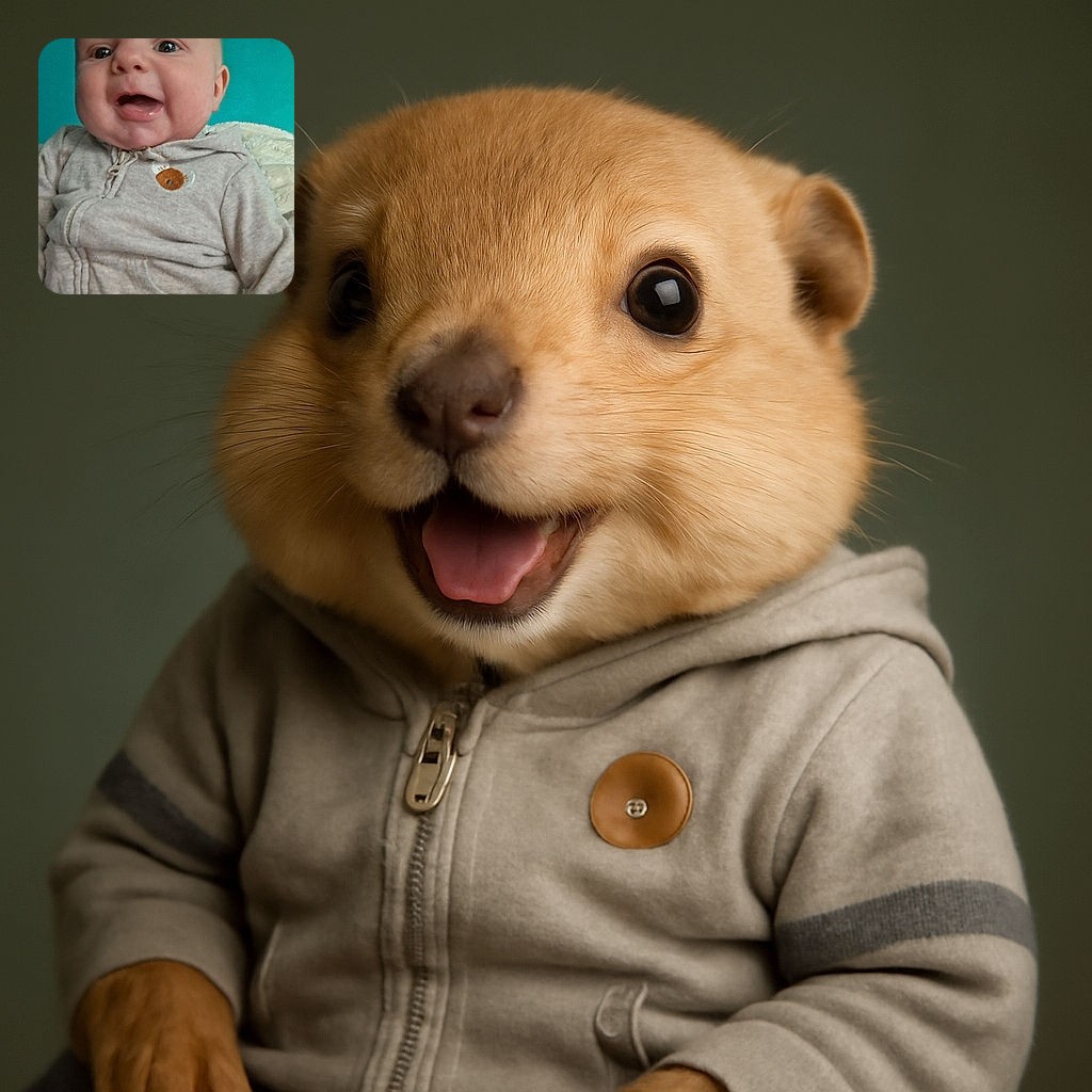 A close-up of a happy baby smiling widely with bright eyes, wearing a cozy beige hoodie with a small embroidered design, set against a plain teal background.
