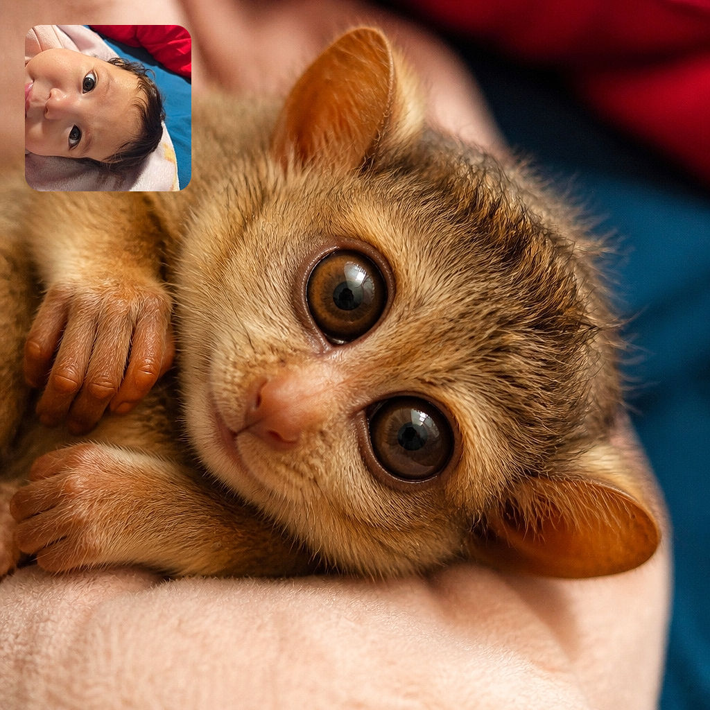 A wide-eyed baby lies sideways on a cozy blanket, gazing at the camera like a tiny philosopher who has just discovered the mysteries of eyebrows. Bright bedding and a dramatic red pillow turn this sleepy close-up into a miniature celebrity portrait.
