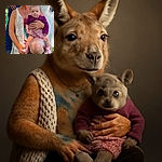 A smiling woman kneels on the grass holding a wide-eyed baby dressed in a purple top and floral skirt, with the baby perched on her knee. The scene is outdoors with other people partially visible in the background, and the woman wears a white knitted vest and patterned dress.