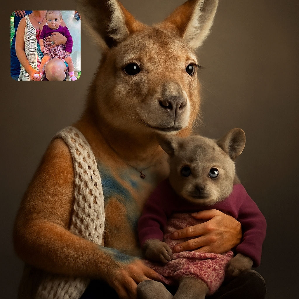 A smiling woman kneels on the grass holding a wide-eyed baby dressed in a purple top and floral skirt, with the baby perched on her knee. The scene is outdoors with other people partially visible in the background, and the woman wears a white knitted vest and patterned dress.