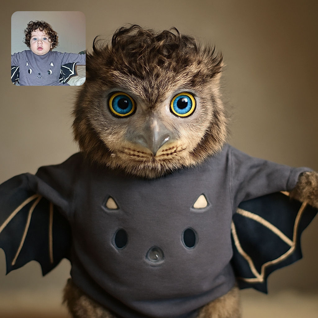 A wide-eyed toddler with curly hair and striking blue eyes is wearing a cute bat-themed outfit with wings spread out, looking curiously at the camera against a plain background.