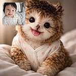 A cheeky, giggling baby in a polka-dot onesie lies snug on a bed, tongue playfully peeking out, tousled hair and sparkling eyes stealing the show — a cozy, soft-blanket portrait that screams 'cute mischief.'