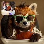 A blurry photo of a toddler wearing oversized green sunglasses and a rust-colored outfit, sitting in a high chair with a purple cup on the tray, looking like a tiny cool kid ready to party.