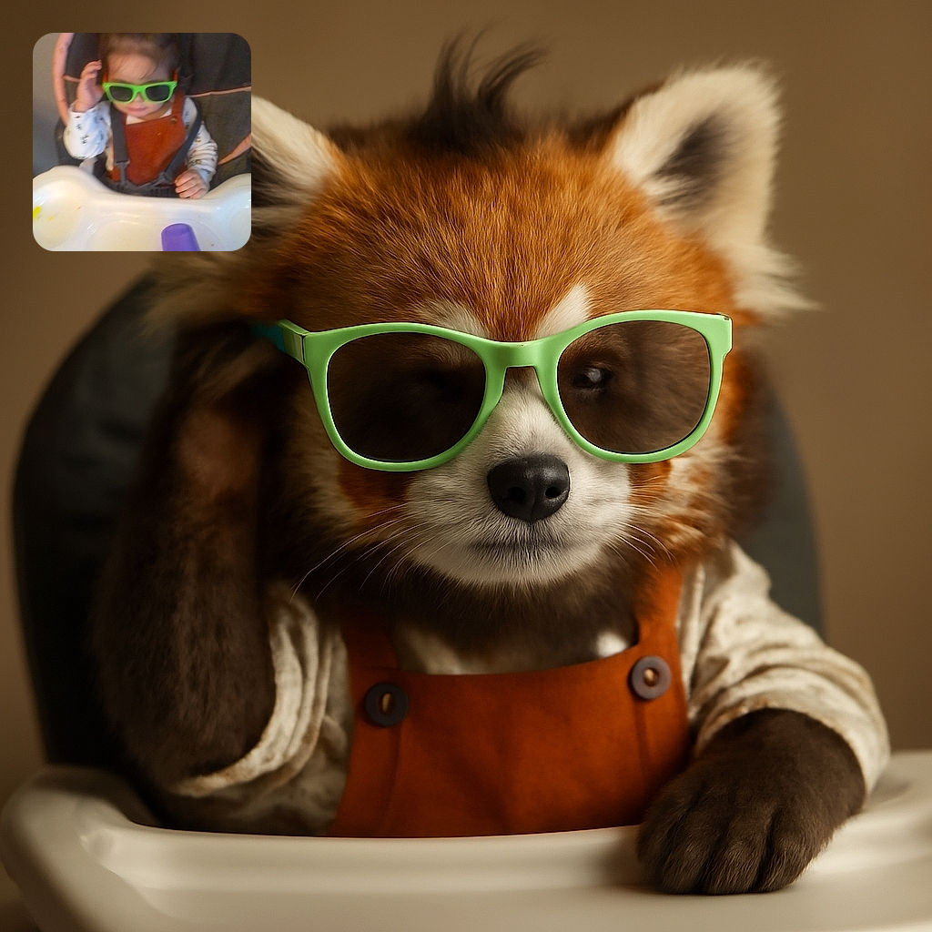 A blurry photo of a toddler wearing oversized green sunglasses and a rust-colored outfit, sitting in a high chair with a purple cup on the tray, looking like a tiny cool kid ready to party.