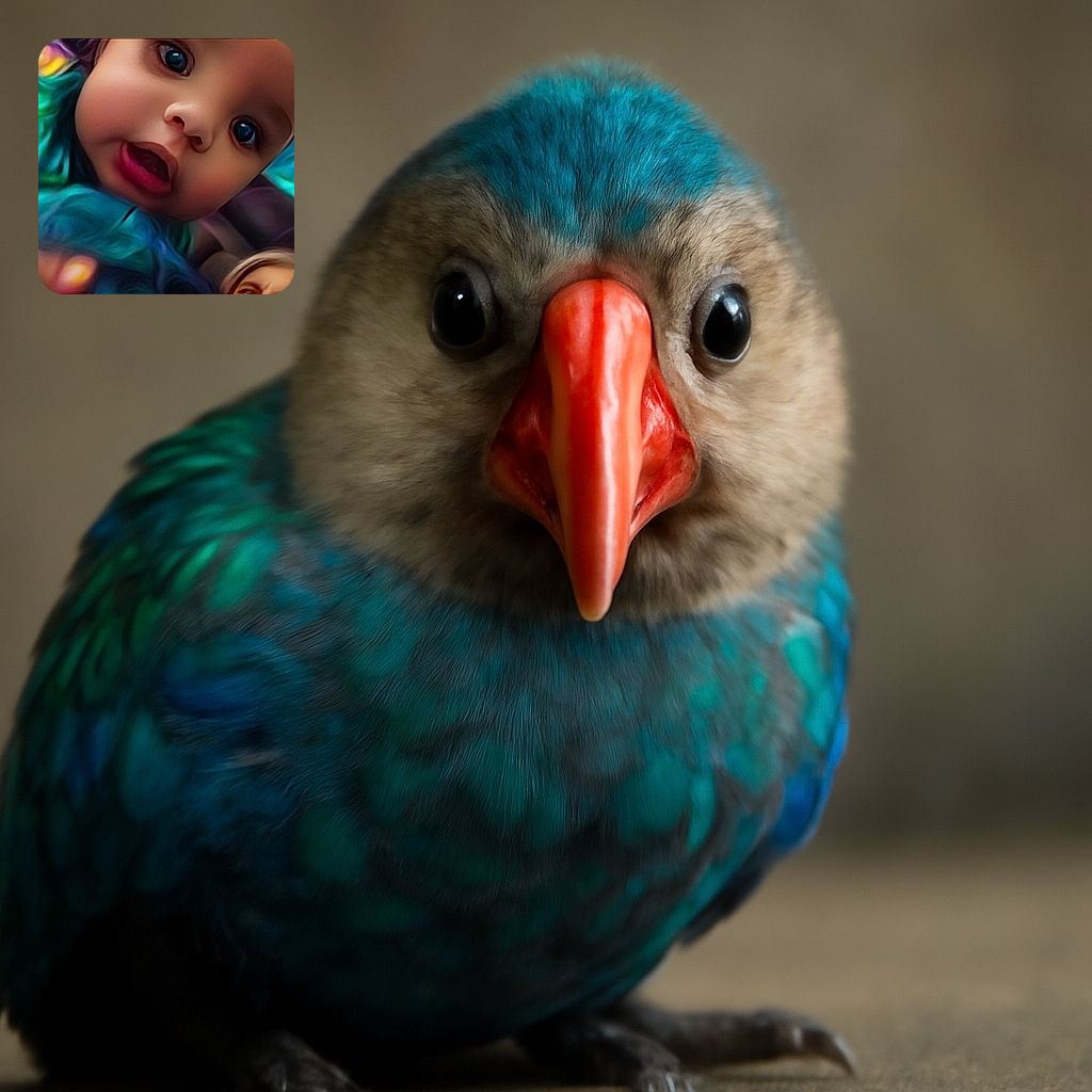 A close-up of a curious baby with big expressive eyes and an open mouth, wrapped in a swirl of vibrant blue and green fabric, as if reaching out to the camera with wonder.