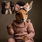 A charming baby dressed in soft pink cozy clothes and a big matching bow headband sits comfortably strapped in a stroller, flashing a curious and slightly playful expression, while the background shows a casual indoor setting with wooden furniture and household items.