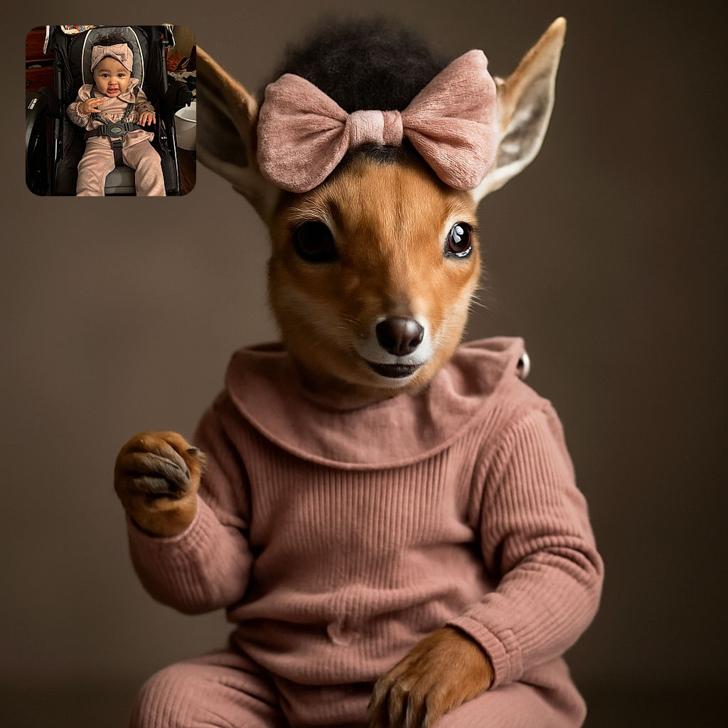 A charming baby dressed in soft pink cozy clothes and a big matching bow headband sits comfortably strapped in a stroller, flashing a curious and slightly playful expression, while the background shows a casual indoor setting with wooden furniture and household items.