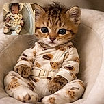 A slightly blurry photo of a serious-looking baby sitting in a cushioned baby seat, wearing a cozy patterned onesie with teddy bears and other cute designs.