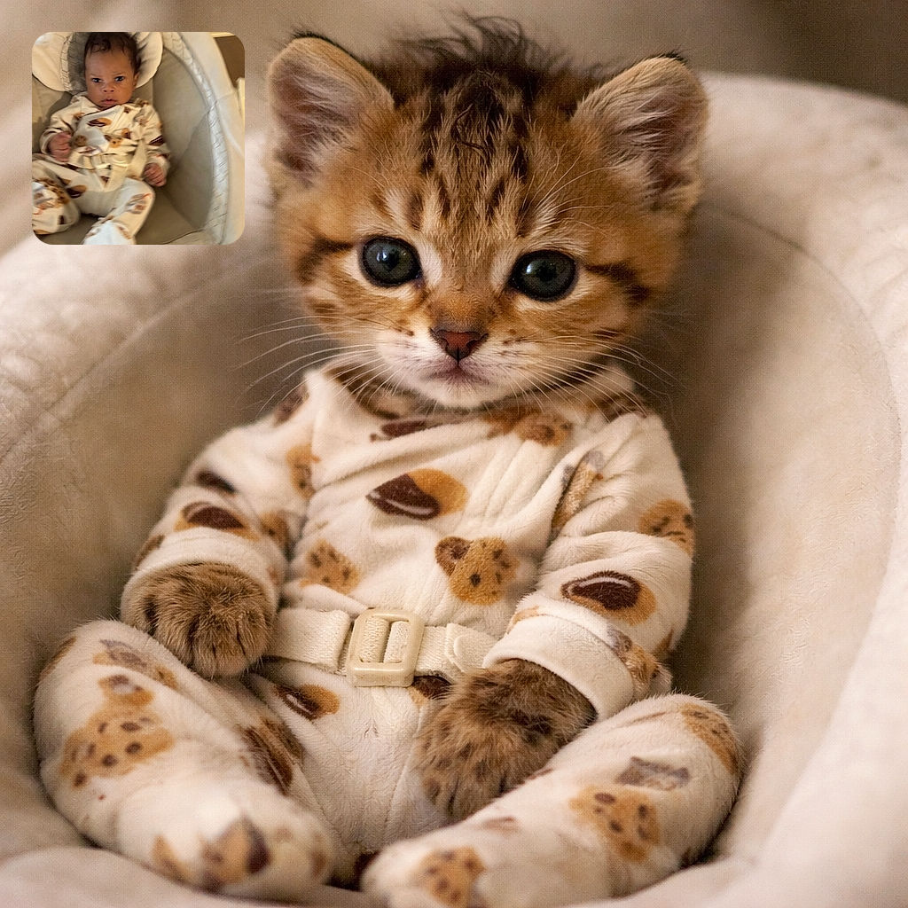 A slightly blurry photo of a serious-looking baby sitting in a cushioned baby seat, wearing a cozy patterned onesie with teddy bears and other cute designs.