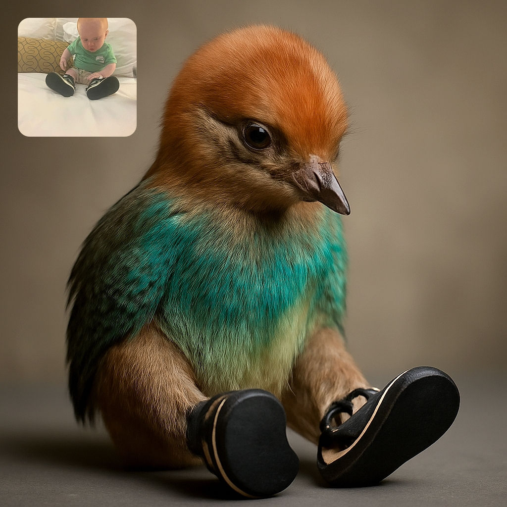 A baby with a green shirt and tiny sneakers sits on a large bed surrounded by white pillows and a decorative cushion, looking down curiously at their shoes.