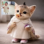 A cute little child in a white knitted dress and pink sneakers stands indoors with a pacifier in her mouth and a small wrapped object in her hand, looking curiously at the camera in a bright, cozy room with wooden floors and a gray couch.