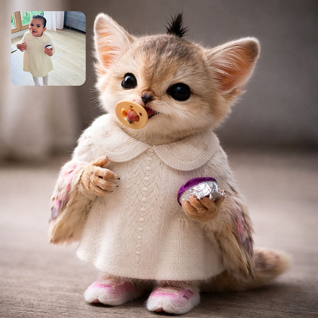 A cute little child in a white knitted dress and pink sneakers stands indoors with a pacifier in her mouth and a small wrapped object in her hand, looking curiously at the camera in a bright, cozy room with wooden floors and a gray couch.