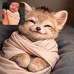 A smiling baby wrapped snugly in a soft beige blanket, eyes closed in pure contentment, with a blurred hand playfully reaching in the foreground, creating a heartwarming and candid moment.