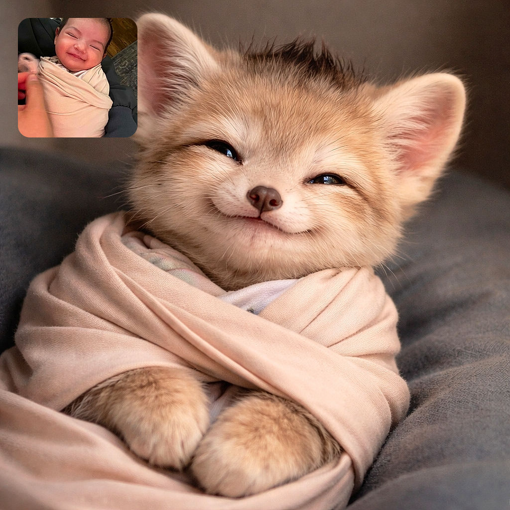 A smiling baby wrapped snugly in a soft beige blanket, eyes closed in pure contentment, with a blurred hand playfully reaching in the foreground, creating a heartwarming and candid moment.