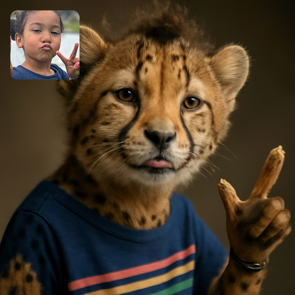 A playful child with curly hair tied up in a bun is making a duck face and flashing peace signs with both hands, wearing a colorful Minnie Mouse t-shirt, set against a blurred outdoor background near water. The photo appears to be a phone lock screen with large time and date text overlay.