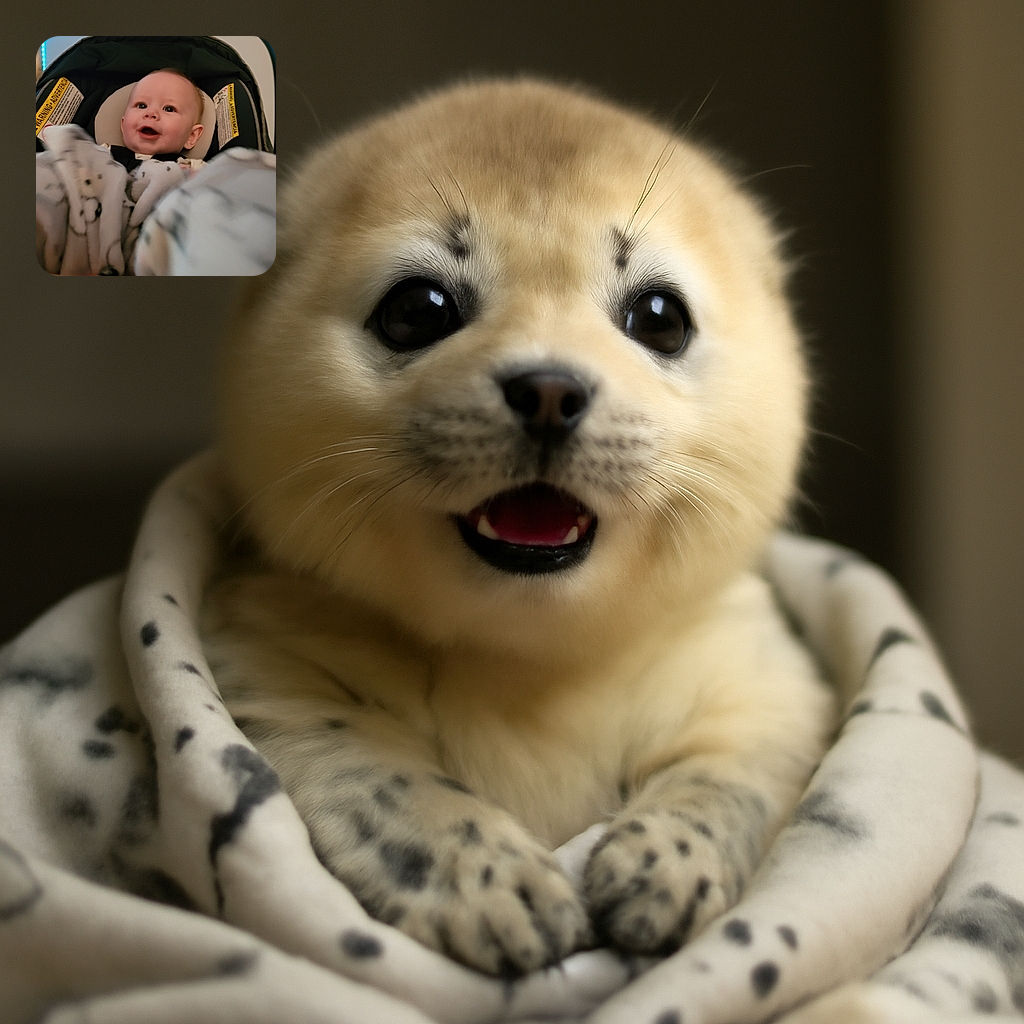 A joyful baby bundled in a cozy blanket sits in a car seat, smiling brightly with wide eyes, while the background softly blurs to keep all attention on this tiny bundle of happiness.