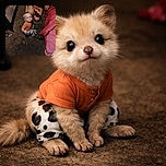 A curious toddler in cow-print pants and an orange shirt looks up with wide eyes, surrounded by a casual indoor scene including a person holding a slice of pizza, a pink blanket, and a worn floor, capturing a candid moment of everyday life.