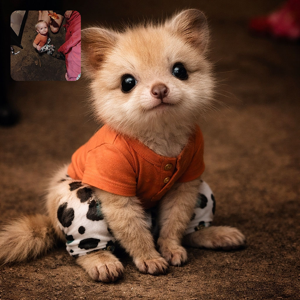 A curious toddler in cow-print pants and an orange shirt looks up with wide eyes, surrounded by a casual indoor scene including a person holding a slice of pizza, a pink blanket, and a worn floor, capturing a candid moment of everyday life.