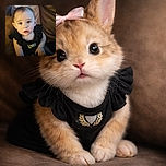 A wide-eyed toddler with a delicate bow on her head gazes curiously at the camera, seated comfortably on a soft couch with warm lighting highlighting her innocent expression and soft features.