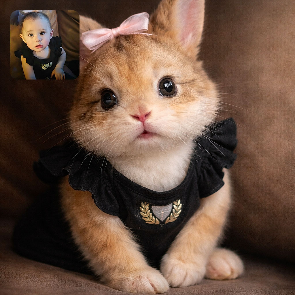 A wide-eyed toddler with a delicate bow on her head gazes curiously at the camera, seated comfortably on a soft couch with warm lighting highlighting her innocent expression and soft features.
