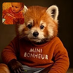 A cute toddler with big curious eyes is lounging comfortably on a quilted blanket decorated with birds and flowers, wearing a cozy orange sweater and a diaper, looking off to the side as if pondering the mysteries of the universe or maybe just the next snack.