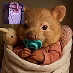 A cozy baby snugly wrapped in a pink polka-dot blanket, clutching a pacifier with wide curious eyes, accompanied by a soft plush bunny for company, all nestled in a comfy padded seat.