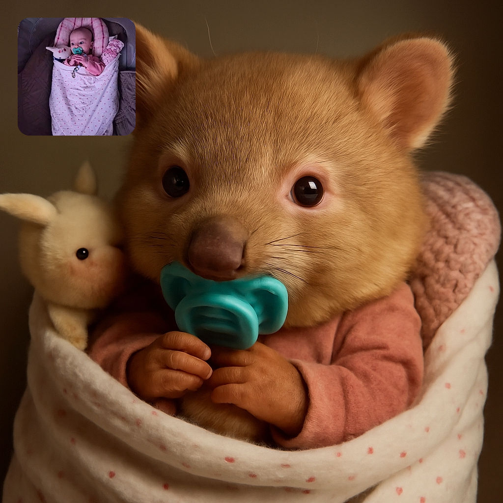 A cozy baby snugly wrapped in a pink polka-dot blanket, clutching a pacifier with wide curious eyes, accompanied by a soft plush bunny for company, all nestled in a comfy padded seat.
