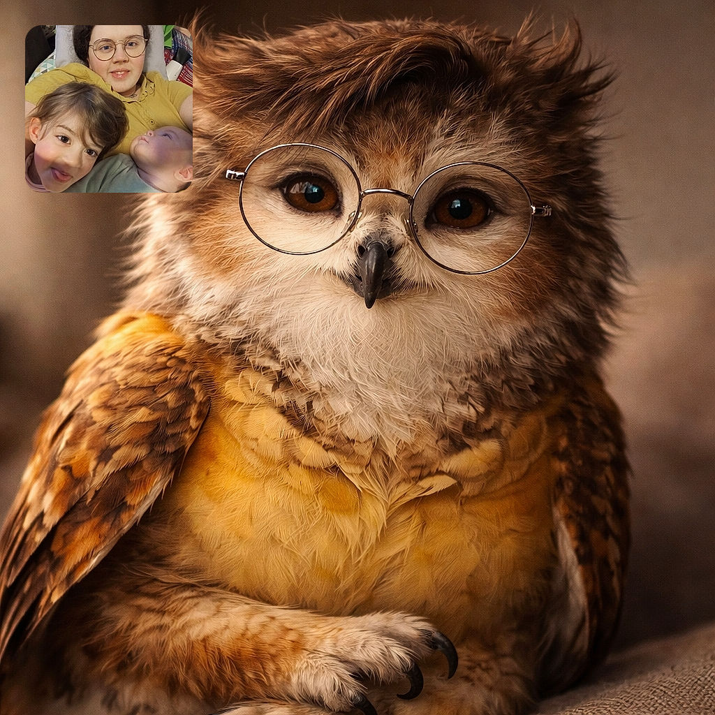 A cozy, slightly grainy selfie of a grown-up with round glasses cuddling two kids — a curious baby staring up and a cheeky toddler sticking her tongue out — all sprawled on pillows and blankets like a warm sandwich of family love.