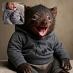 A joyful baby in cozy grey pajamas is laughing heartily while reclining on a textured cushion, radiating pure happiness and comfort.
