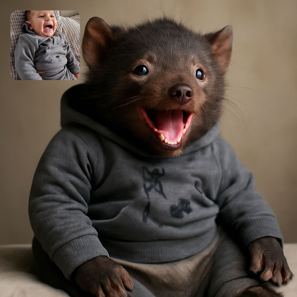 A joyful baby in cozy grey pajamas is laughing heartily while reclining on a textured cushion, radiating pure happiness and comfort.