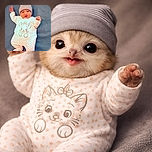 A cheerful baby bundled in a cozy cat-themed onesie and a snug little hat lies on a soft blue blanket, raising tiny hands as if waving hello to the world.
