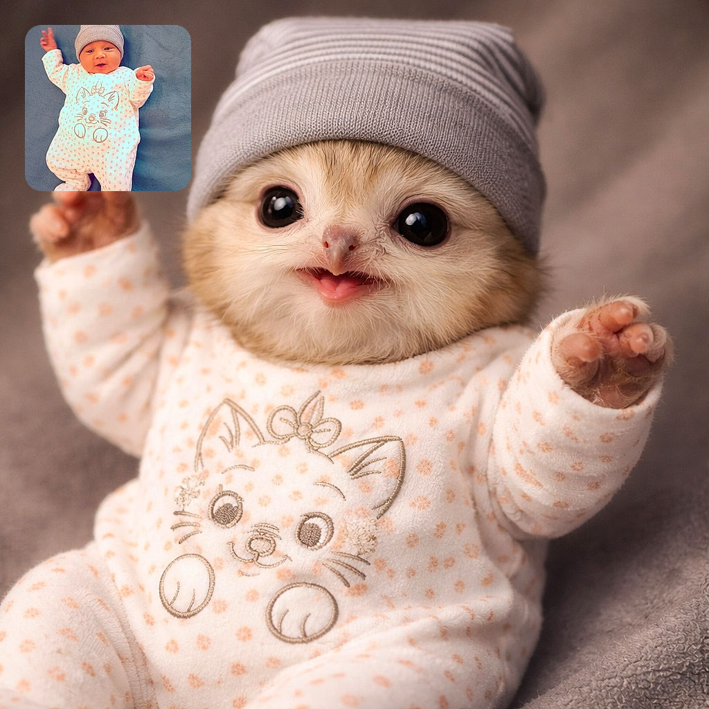 A cheerful baby bundled in a cozy cat-themed onesie and a snug little hat lies on a soft blue blanket, raising tiny hands as if waving hello to the world.