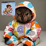 A cute toddler bundled up in a colorful animal-patterned snowsuit sits curiously on fresh snow, with a playful beagle sniffing around near the garden bins in the background. The chilly scene is cozy and heartwarming, with the child's expressive face stealing the spotlight.