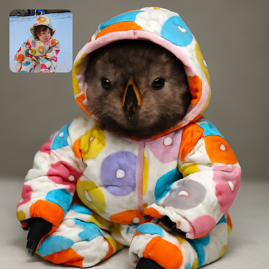 A cute toddler bundled up in a colorful animal-patterned snowsuit sits curiously on fresh snow, with a playful beagle sniffing around near the garden bins in the background. The chilly scene is cozy and heartwarming, with the child's expressive face stealing the spotlight.