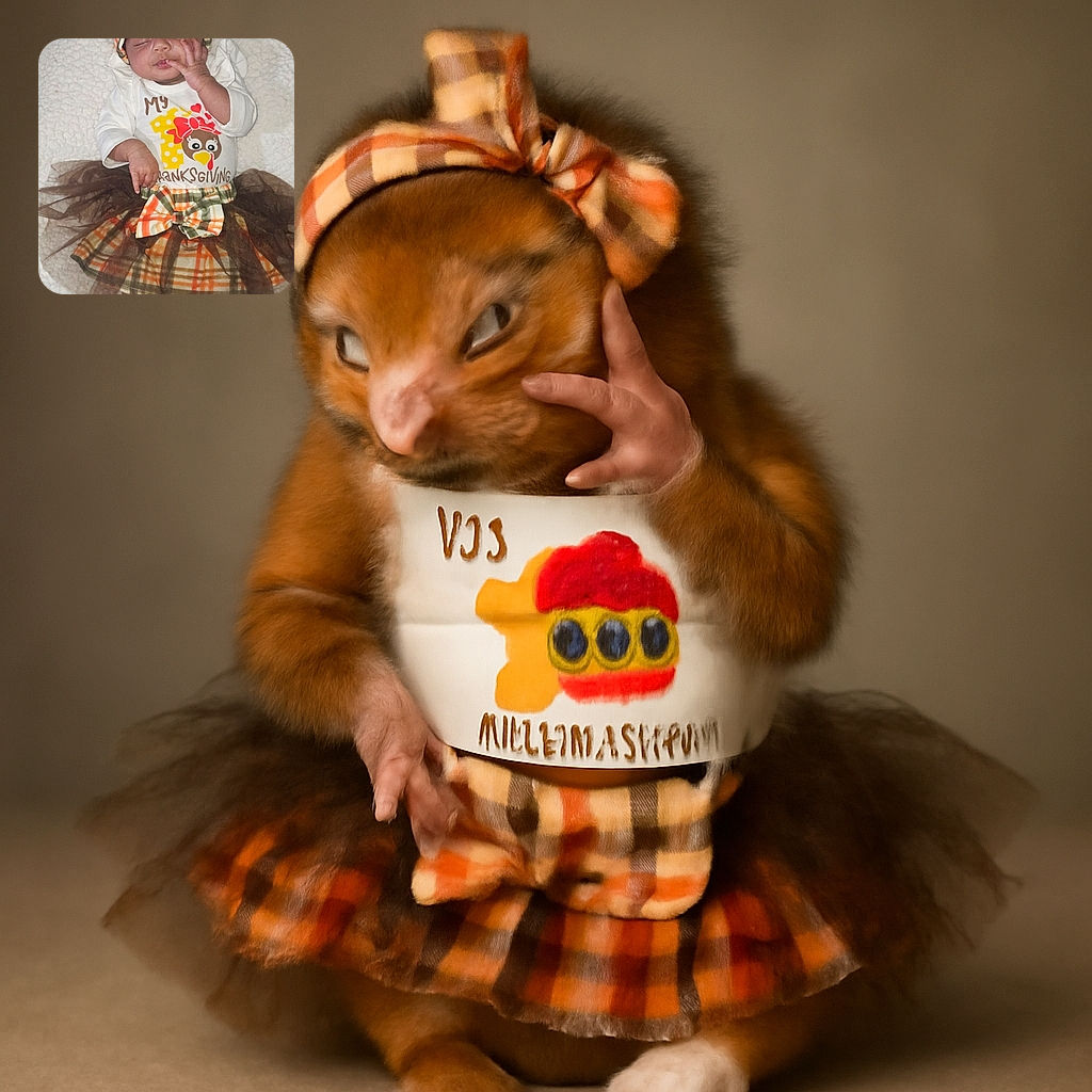 A peacefully sleeping baby dressed in a festive Thanksgiving outfit complete with a plaid headband and matching skirt, lying on a cozy white blanket, looking like the tiniest holiday fashionista.