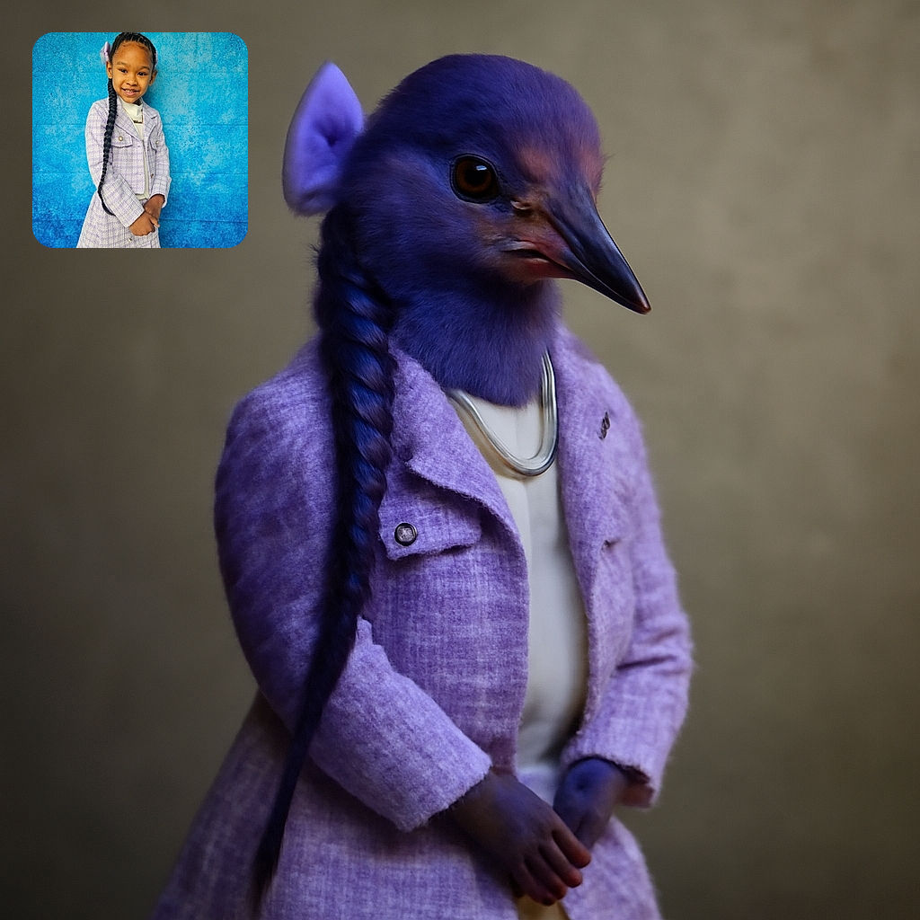 A charming young girl with a long braided hairstyle poses confidently against a textured blue backdrop, dressed in a stylish lavender checkered outfit that perfectly matches her cheerful smile and poised demeanor.