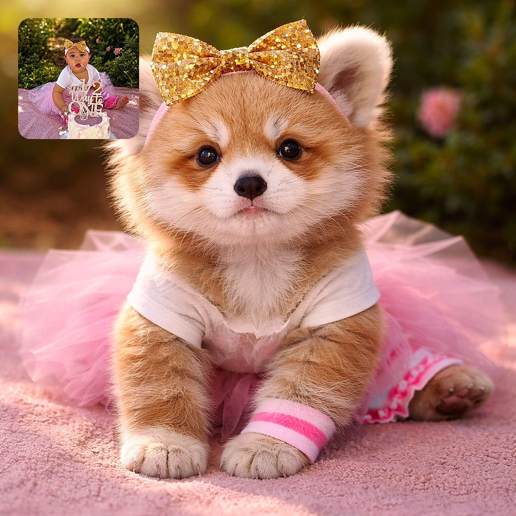 A chubby-cheeked baby girl wearing a sparkly gold bow headband and a frilly pink tutu sits on a pink blanket outdoors, surrounded by greenery and flowers, with a deliciously messy first birthday cake in front of her, complete with a glittery '1/2 way to ONE' cake topper. The baby looks adorably surprised with cake frosting smeared around her mouth and fingers, capturing the joyous chaos of a half-birthday celebration.