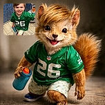A cheerful young boy wearing a green NFL jersey with the number 26 smiles brightly at the camera while holding a blue bottle. Behind him, a partially visible child wearing a pink sweatshirt with a playful pumpkin design adds a touch of festive fun. The setting appears to be indoors with tiled flooring and a blue wall, capturing a candid and lively moment.