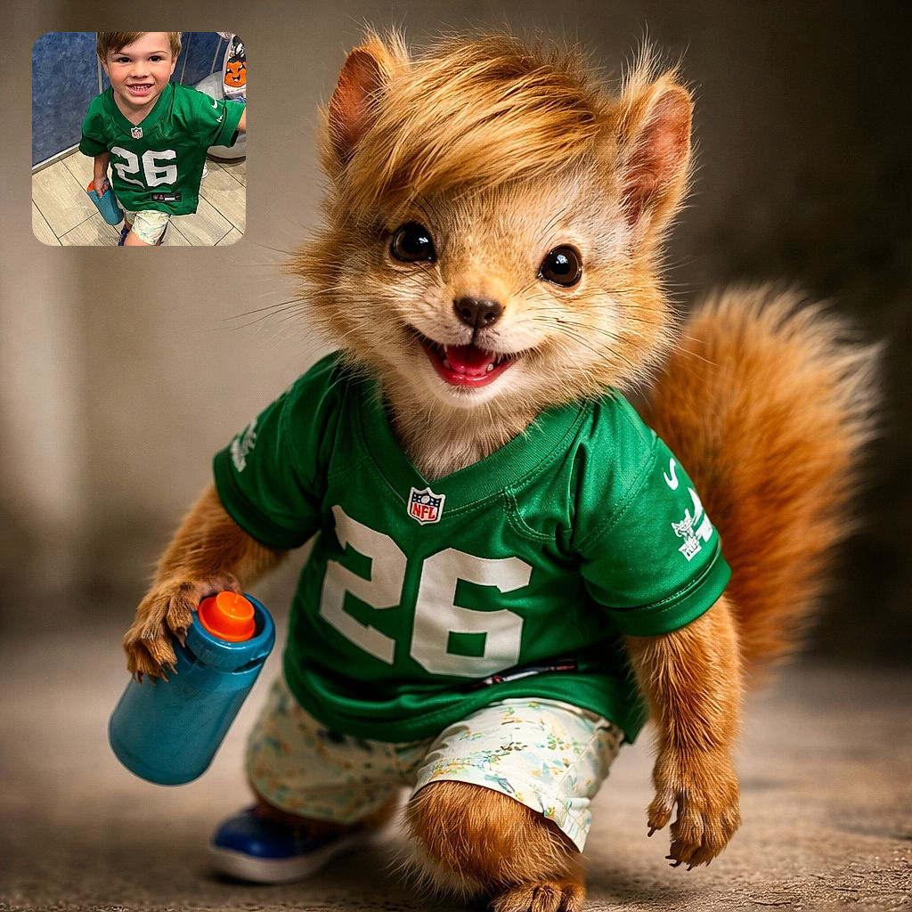 A cheerful young boy wearing a green NFL jersey with the number 26 smiles brightly at the camera while holding a blue bottle. Behind him, a partially visible child wearing a pink sweatshirt with a playful pumpkin design adds a touch of festive fun. The setting appears to be indoors with tiled flooring and a blue wall, capturing a candid and lively moment.